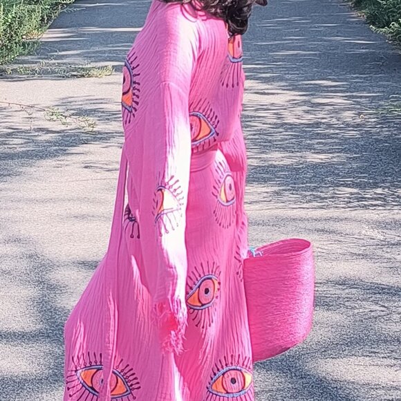 Organic Handmade 100% Cotton Pink Turkish Kimono Robe with Evil Eye Design - Picture 4 of 5